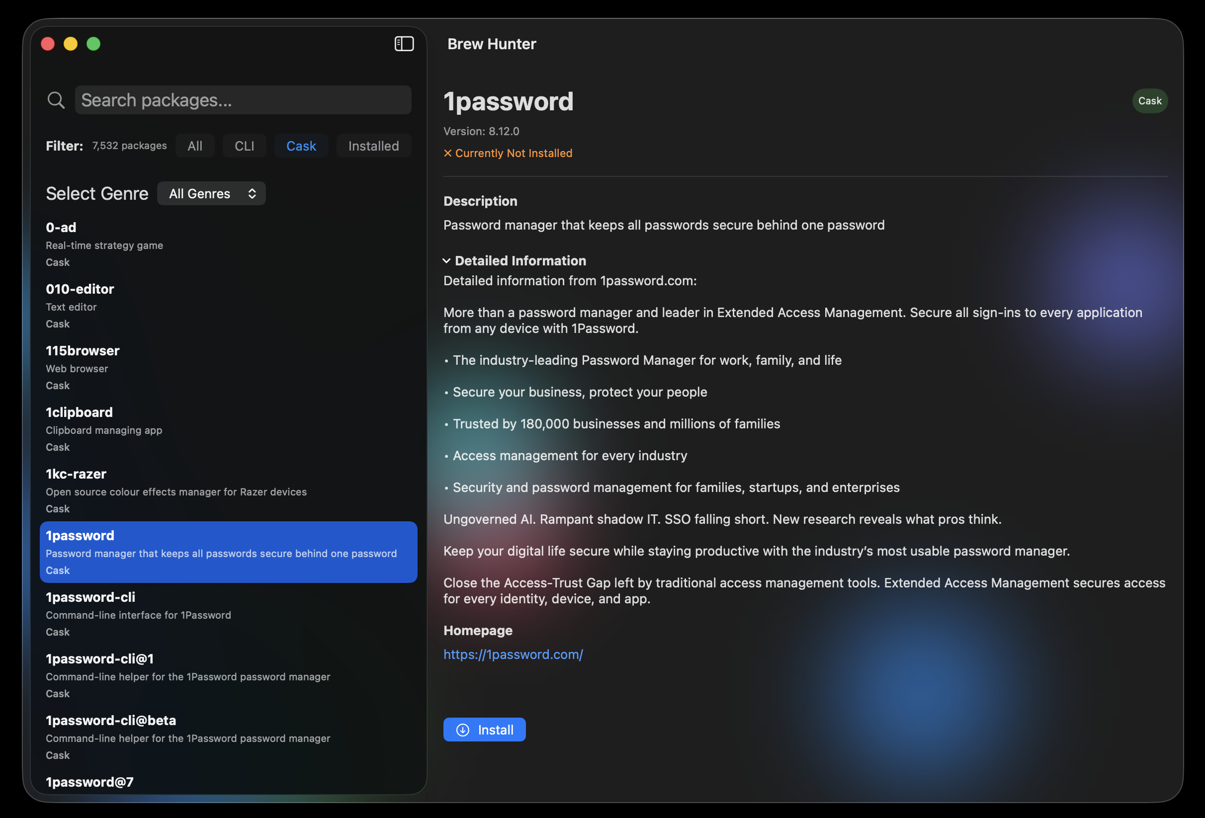 Brew Hunter macOS Homebrew GUI App Interface Screenshot